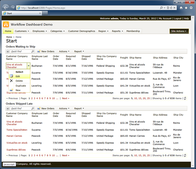 Modified start page of the Workflow Dashboard Demo with two identical views of 'Orders'