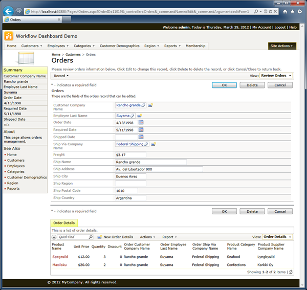 'Orders' page displayed when a user selects an order on the dashboard