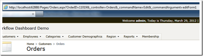Data controller URL parameters displayed in the web browser address bar.