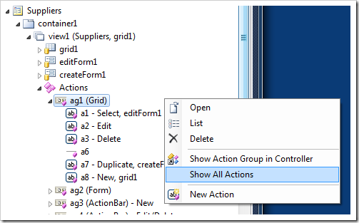 Context menu of the action group in Project Explorer