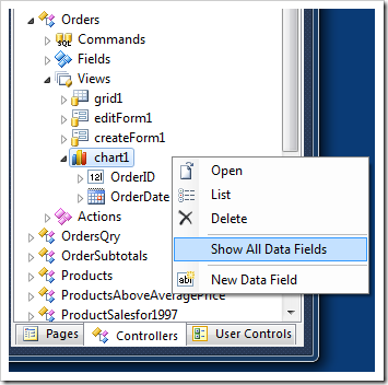 'Show All Data Fields' option in the context menu of the data controller view