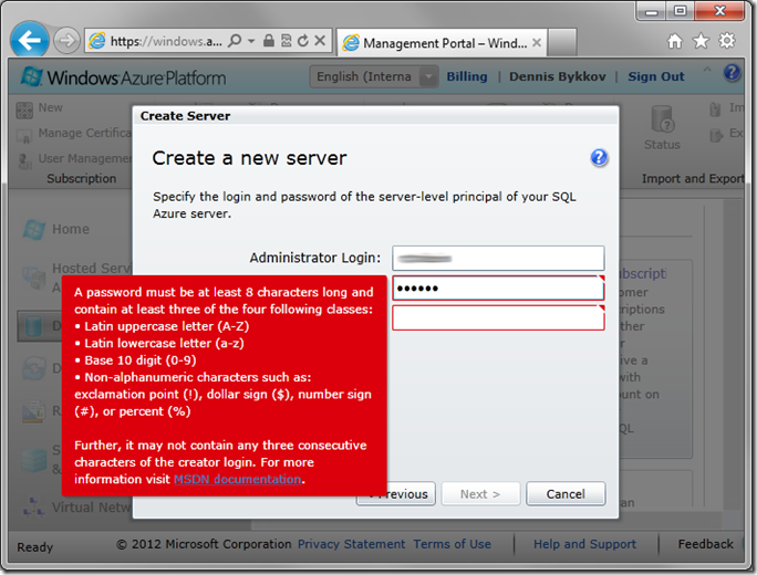 Administrator username and password for new Azure database server