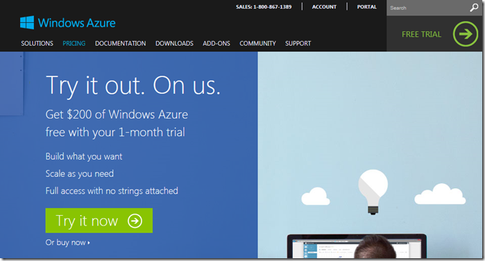 Windows Azure Free trial web page