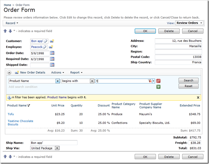 New Custom HTML Table layout of Order Form with a filter applied to the Order Details