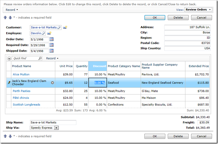 Order Form with Order Details in Data Sheet View