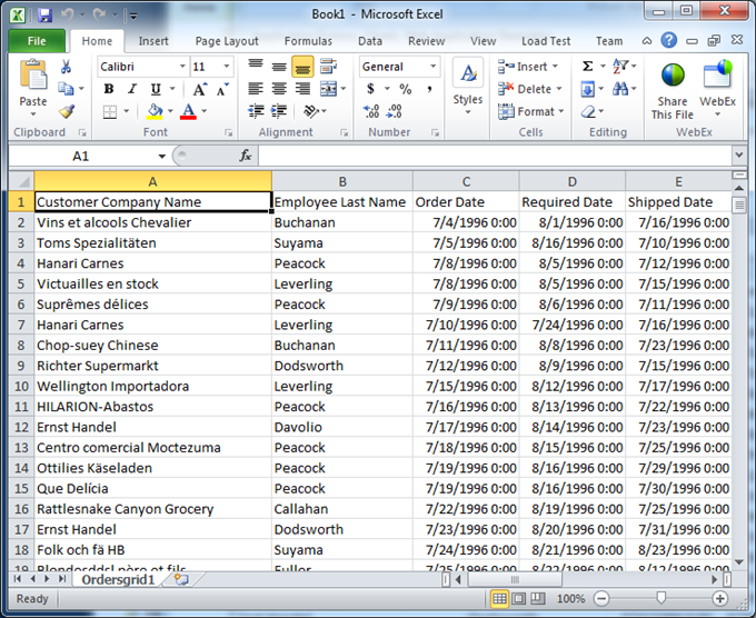 Application data exported to Microsoft Excel