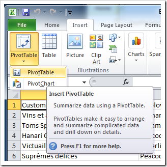 'Insert PivotTable' option in Microsoft Excel