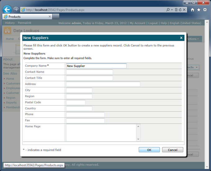 'New ...' modal form displayed in response to in-place lookup creation button click