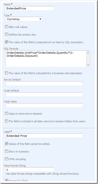ExtendedPrice calculated field settings in Code On Time web application generator