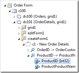 ProductID field node in Code On Time web application Designer
