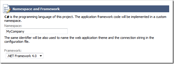 Project namespace configuration in the line-of-business application created with Code OnTime web application generator