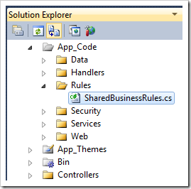 'SharedBusinessRules' code file in the Solution Explorer of a 'Web Site Factory' project