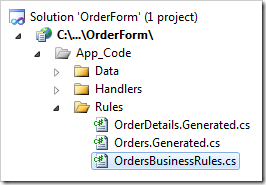 OrdersBusinessRules.cs Rule file in OrderForm project