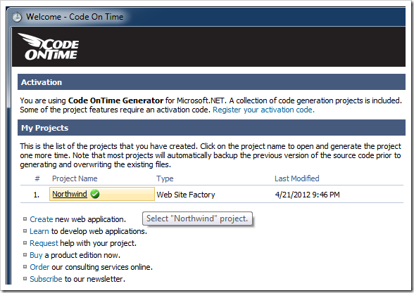 Selecting a project on the start page of Code On Time application generator 