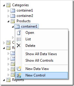 New Control option in Code On Time Project Explorer