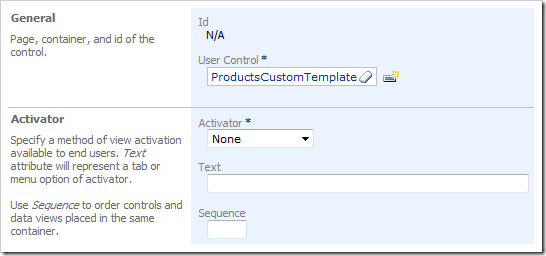 New Control with User Control of 'ProductsCustomTemplate' in Code On Time Project Designer