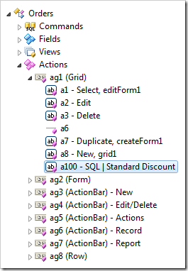 Action with command name 'SQL' selected in Project Explorer
