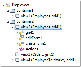 Child data view 'view2' on a master/detail page 'Employees' selected in Project Explorer