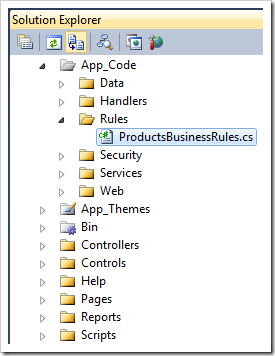 Business Rules class in Solution Explorer of Visual Studio in a Web Site Factory app created with Code On Time web application generator