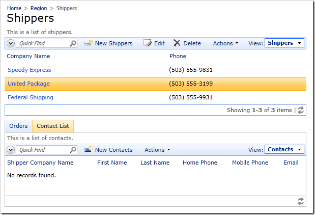 Contacts child data view added to Shippers page