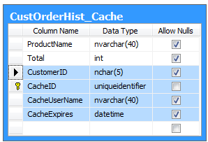 Output Cache Table captures parameters, user identity, and expiration date of each cached data row