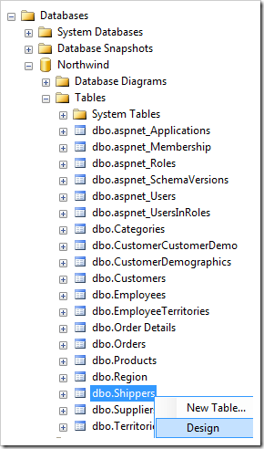 Design Shippers table in Microsoft SQL Server Management Studio