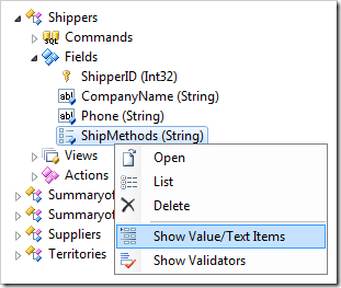 'Show Value/Text Items' option in Code On Time Project Explorer
