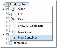 'New Container' option in Code On Time Designer