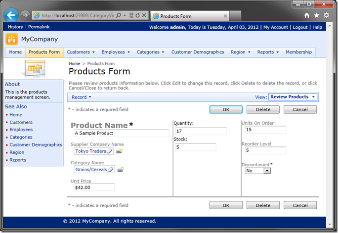 Custom Layout for 'editForm1' of Products shown in Code On Time web application