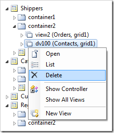 Delete 'dv100' Contacts data view from Shippers page