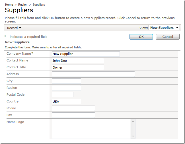 Creating a new supplier in a web app created with Code On Time web application generator