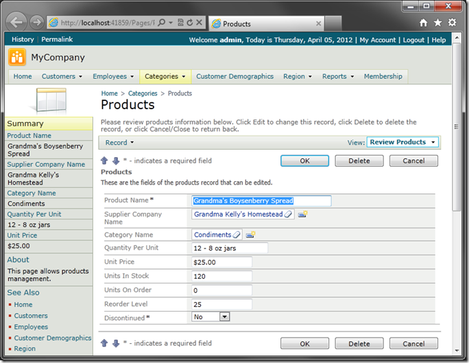 Default 'editForm1' view of 'Products' in sample Code On Time web application