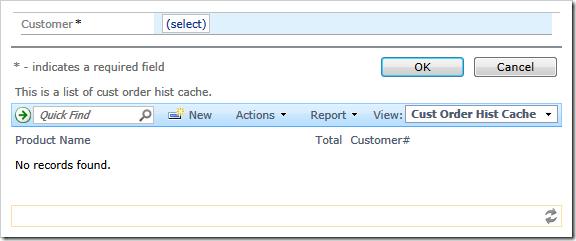 The first data view display a form with automatically configured actions 'Insert when New' and 'Cancel when New' actions at the bottom. The actions are labeld 'OK' and 'Cancel'.