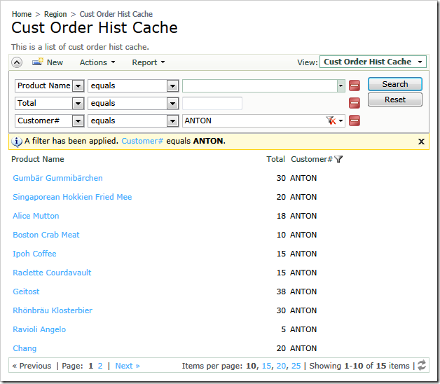 The result of execution of the output caching script that invokes the 'CustOrderHist' stored procedure in the Northwind sample created with Code On Time web application generator