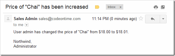 A conditional email notification in Gmail is informing about product price increase