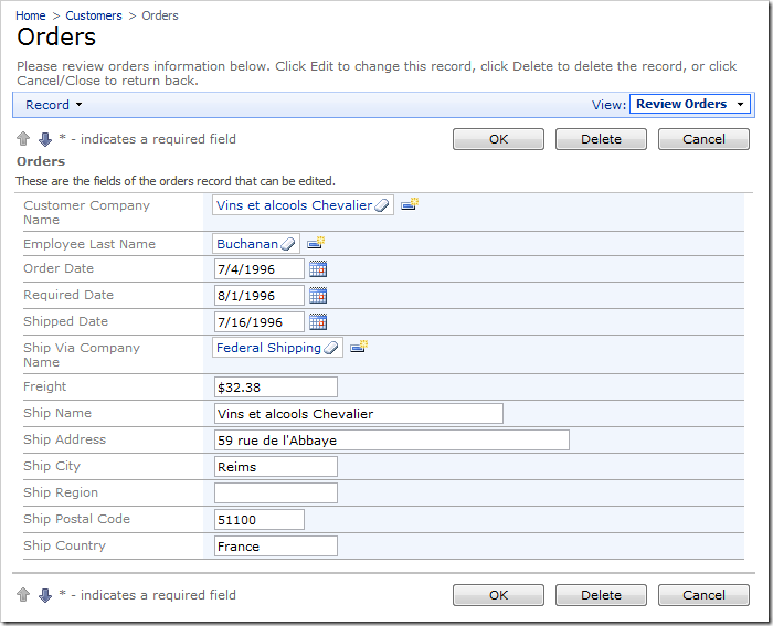 Ship Via Company Name field on the Orders edit form with Lookup item style.