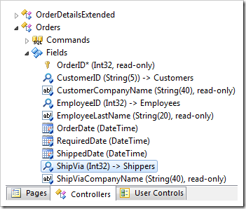 ShipVia field under Orders controller in the Project Explorer.