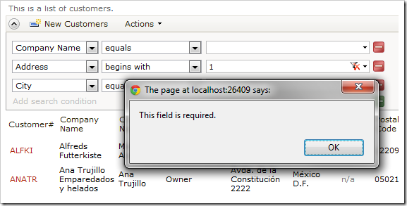 Search performed without entering a parameter into the required field will give a prompt to the end user.
