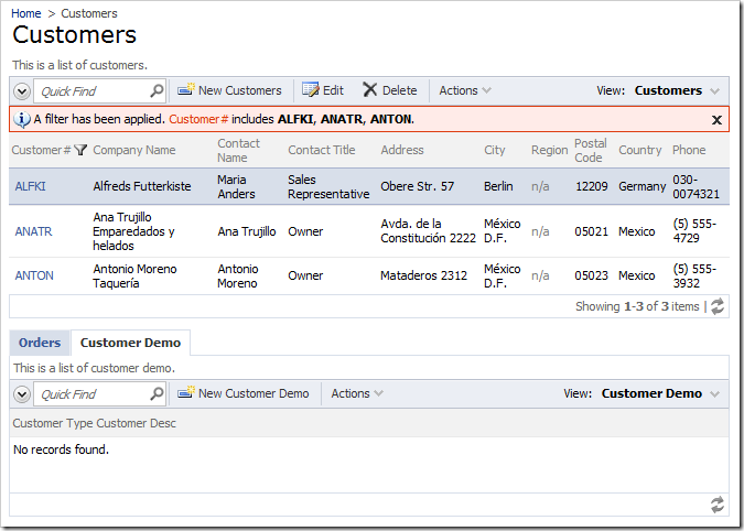 When switched to the Customer Demo tab, Orders and Order Details data views are hidden.