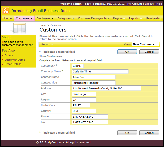 Adding a new customer in the Northwind sample created with Code On Time web application generator