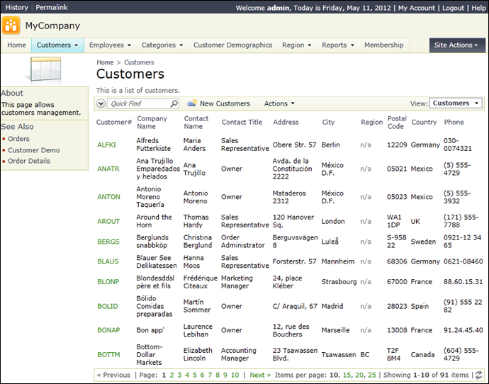 Customers page with single data view in a Simple layout.