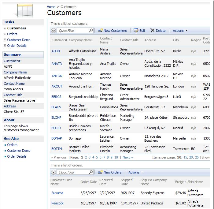 Customers page with Stacked layout with all data views displayed on the page at the same time.