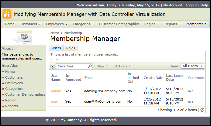 Standard Membership Manager in a web app created with Code On Time application generator