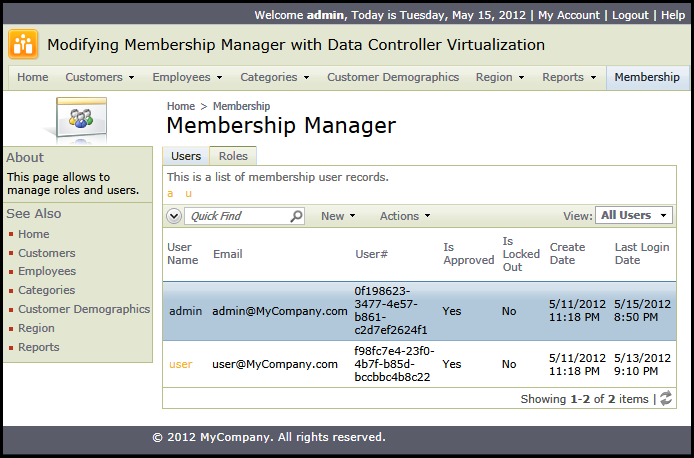 Virtualized data controller aspnet_Membership in action