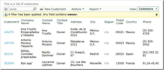 Search results for 'owner' in Customers grid view
