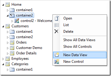 Add a Data View to container2 of Home page.