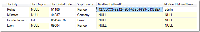 ModifiedByUserID and ModifiedByUserName columns have been populated by the business rule.