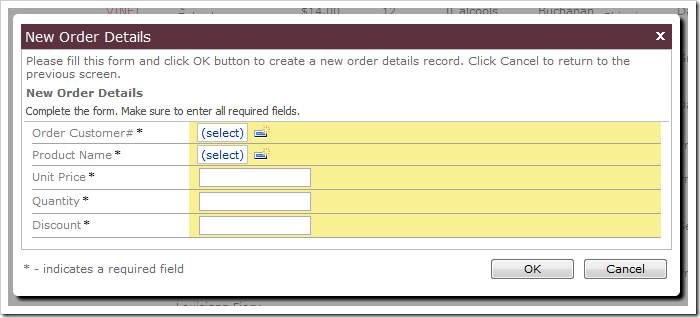 Order Details create form in Code On Time web application.