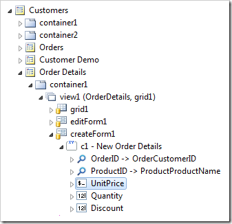 UnitPrice data field in createForm1 on OrderDetails page of Project Explorer.