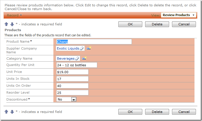 Supplier Company Name field on the Products edit form with Lookup item style.